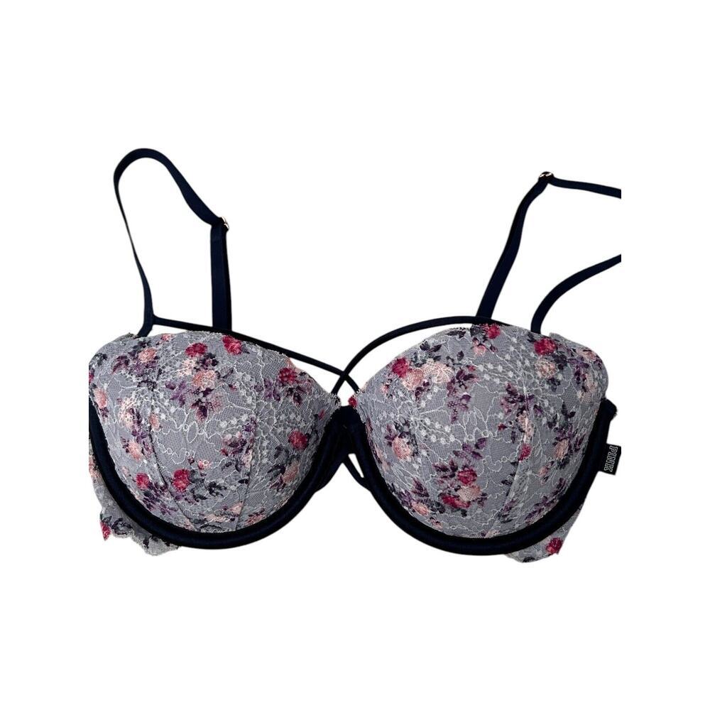 Victoria's Secret PINK Bra Womens Size 32D Blue Floral Unlined Push Up Lace